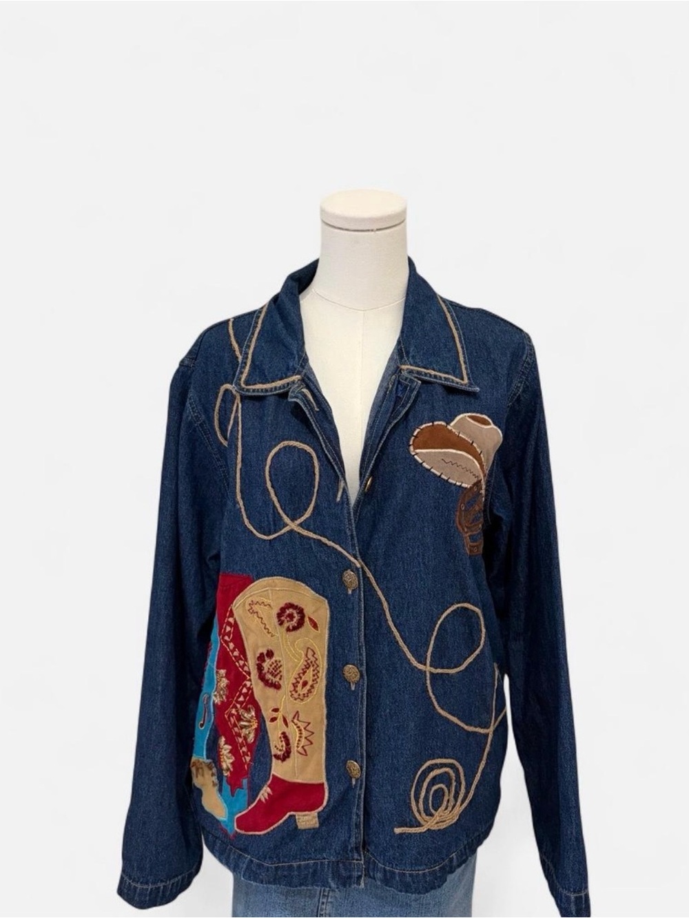 Embroidered Dark Blue Denim Shirt Jacket with Western Appliqué - Picture 2 of 6